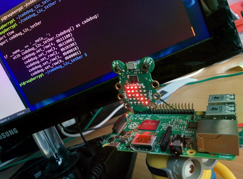 Image showing CodeBug plugged into a Raspberry Pi 2.