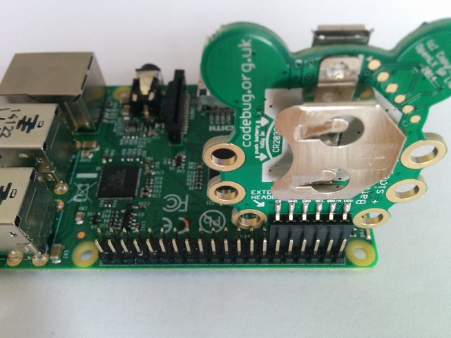 Image showing the back of CodeBug plugged into the correct GPIO pins on a Raspberry Pi 2.